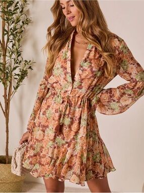 Vici Floral Drawstring Mini Dress - Peach, Brown, Green (worn once)